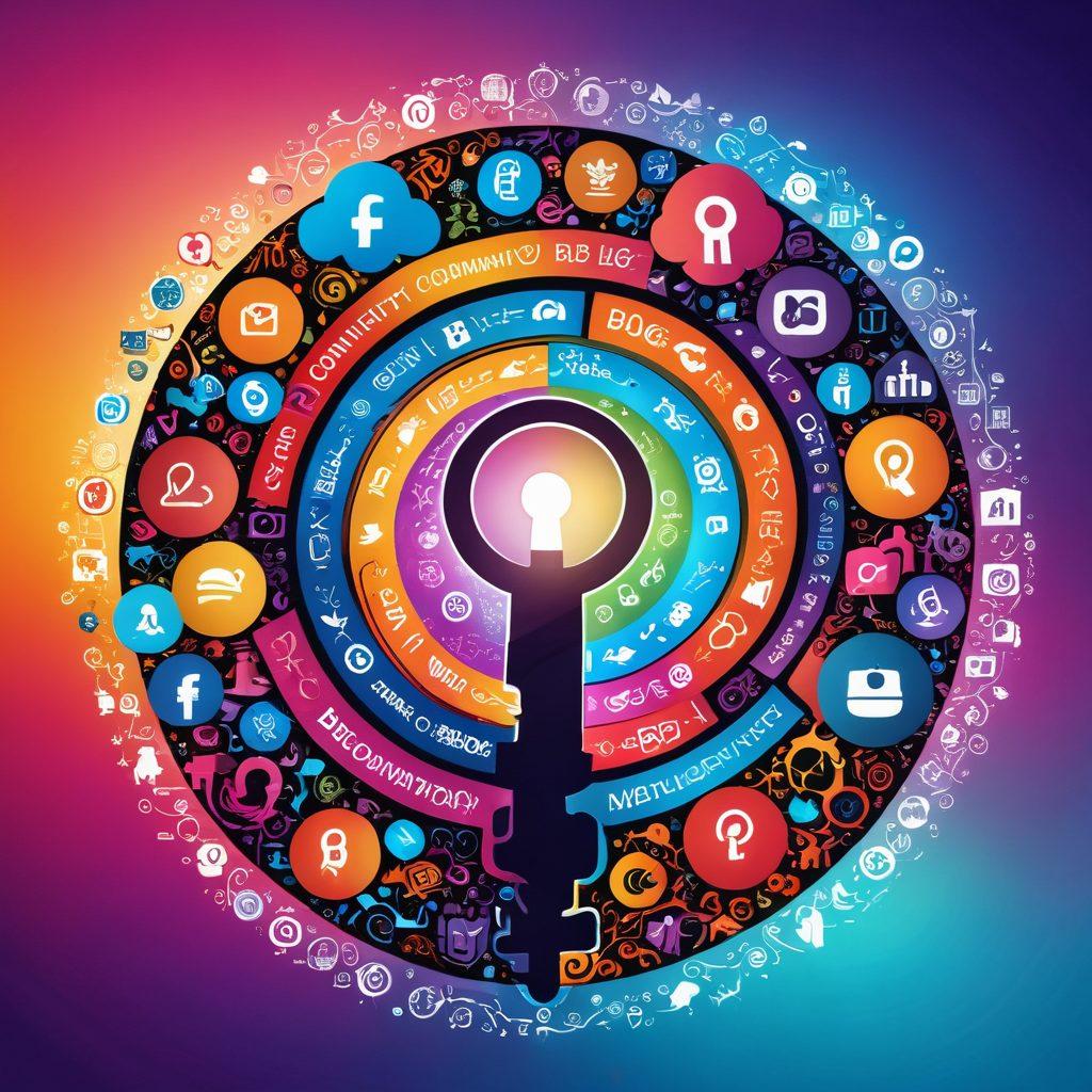 A mystical key unlocking a digital blog interface, surrounded by vibrant social media icons and interactive elements swirling around. The key is ornate and glowing, symbolizing discovery and creativity. A group of diverse people eagerly engaging with the blog content, their expressions showing excitement and curiosity. The background features a stylized community landscape with bright colors and dynamic shapes that convey connection and interactivity. vibrant colors. super-realistic. digital art.