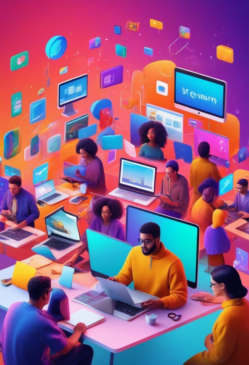 A diverse group of people creating digital content together, surrounded by vibrant colors and lively digital tools. Highlight various devices like laptops and tablets showcasing community engagement through comments and likes. Include elements that symbolize creativity, like art supplies and digital icons, emphasizing collaboration and unity in the online space. Background filled with abstract shapes representing the digital landscape. vibrant colors. 3D.
