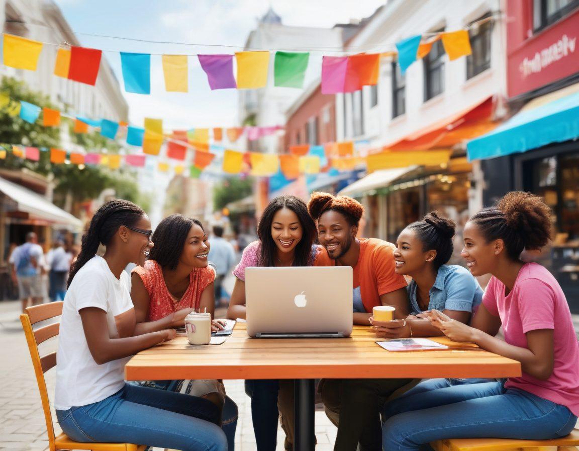 A vibrant and inviting street corner filled with diverse people engaging in lively discussions, surrounded by colorful banners promoting community events. Showcase an open laptop on a café table displaying a visually appealing blog interface, with emojis and reactions floating around it. The scene should convey connectivity, enthusiasm, and collaboration, emphasizing the theme of community empowerment. super-realistic. vibrant colors. white background.
